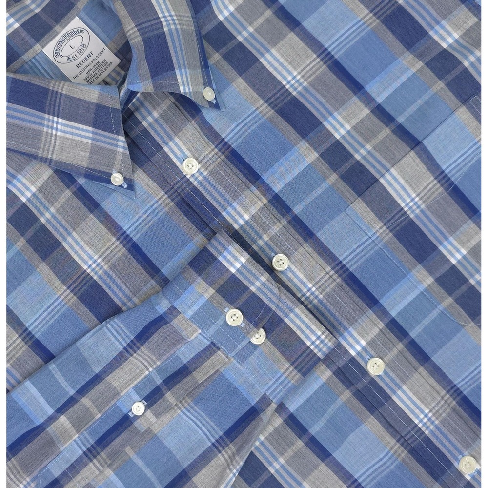 Brooks Brothers Shirt Mens Large Blue Plaid Regent Non Iron Supima Cotton Casual